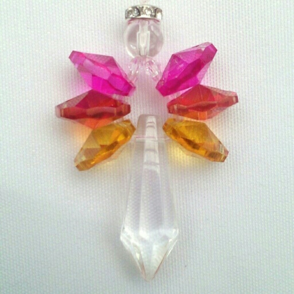 Crystal Angel Rainbow Maker Suncatcher Glowing Sunrise Pink Orange & Gold Window